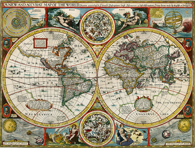 An old world map is dominated by two circles, each showing half of the globe. It is surrounded by illustrations including drawings of the sun and portraits of people. The map is titled The New and Accurate Map of the World.